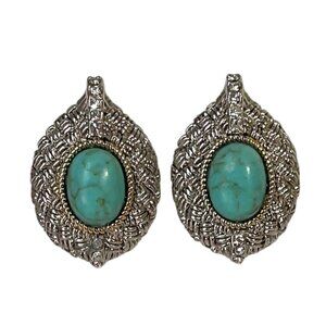 Textured Silver Tone Faux Turquoise Cabochon & Rhinestones Stud Pierced Earrings